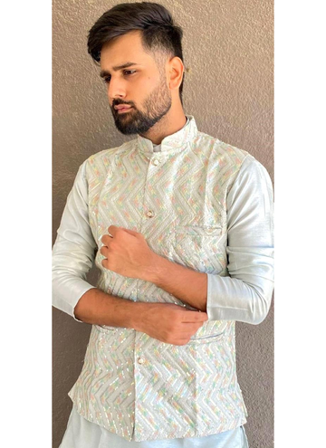Banglory Silk Sky Blue Sequence Work Mens Koti Kurta